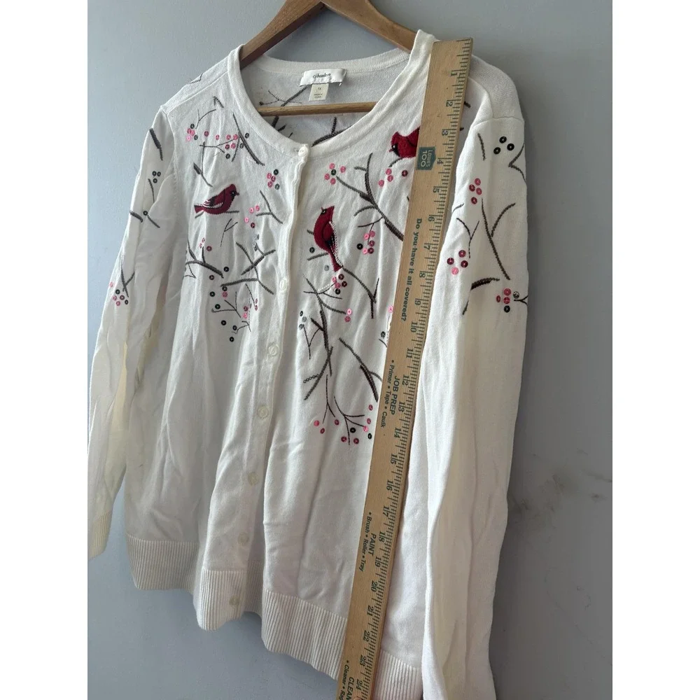 CJ Banks Cardigan Sweater Womens 1X White Cardinal Bird Embroidered Button Front